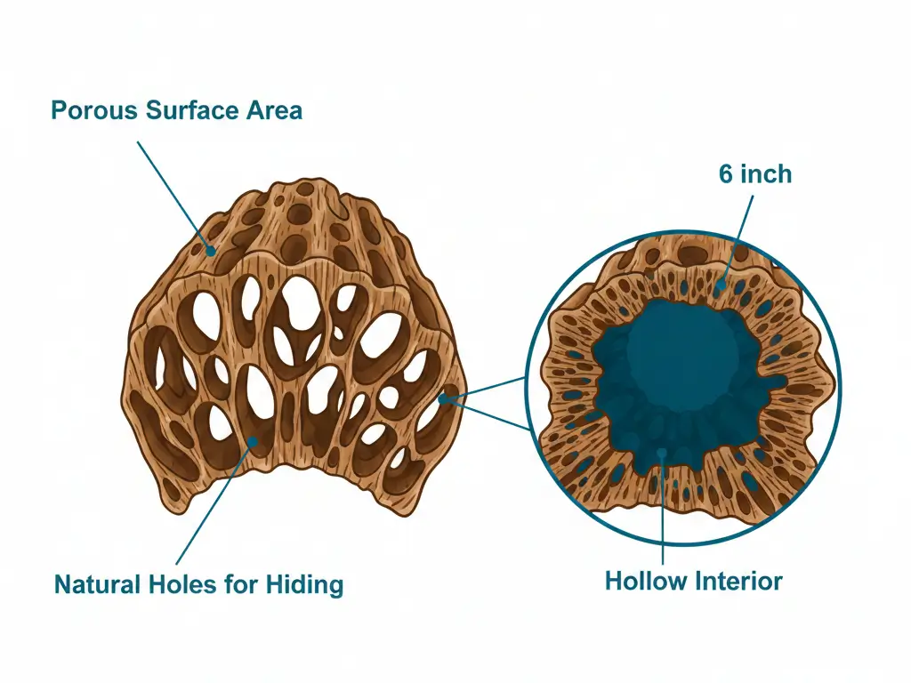 holla cactus skeleton wood cross-section diagram showing hollow tubular 
structure with irregular natural holes throughout lattice pattern for aquarium use