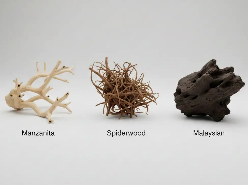 side-by-side comparison of three aquarium driftwood types