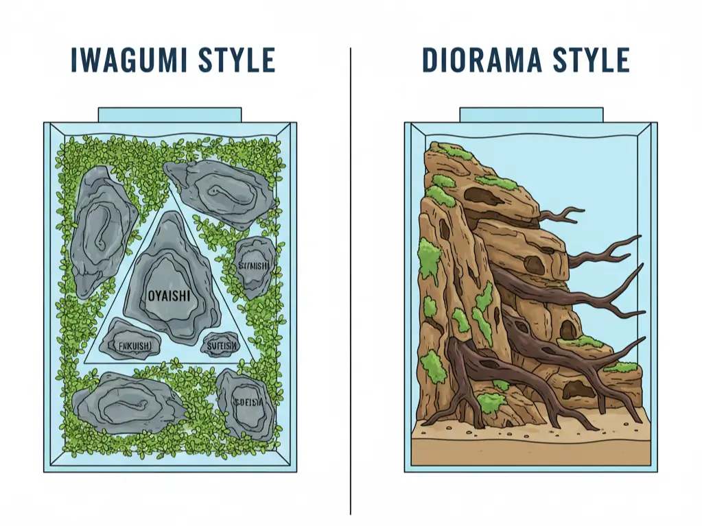 wagumi layout with Seiryu stone vs Diorama layout with Dragon stone comparison for aquascaping