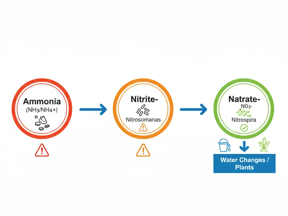 Aquarium nitrogen cycle diagram showing ammonia to nitrite to nitrate conversion process