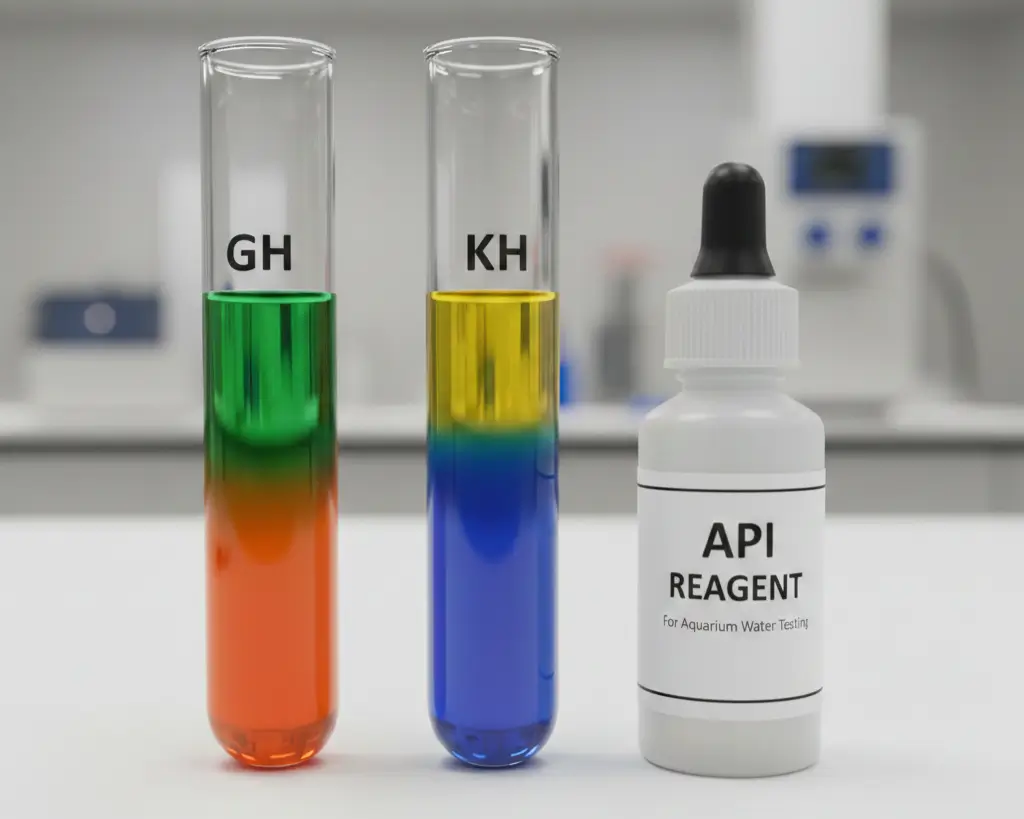 Aquarium water test kit color changes for GH orange to green and KH blue to yellow