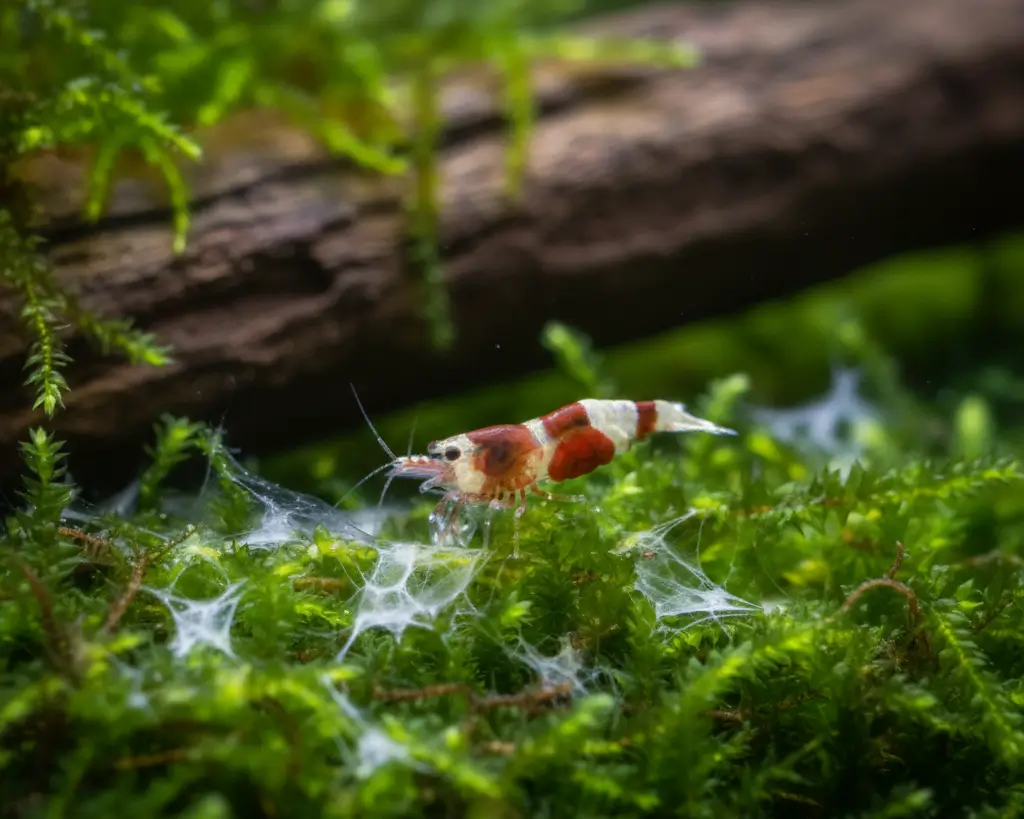 Baby crystal red shrimp grazing on christmas moss biofilm
