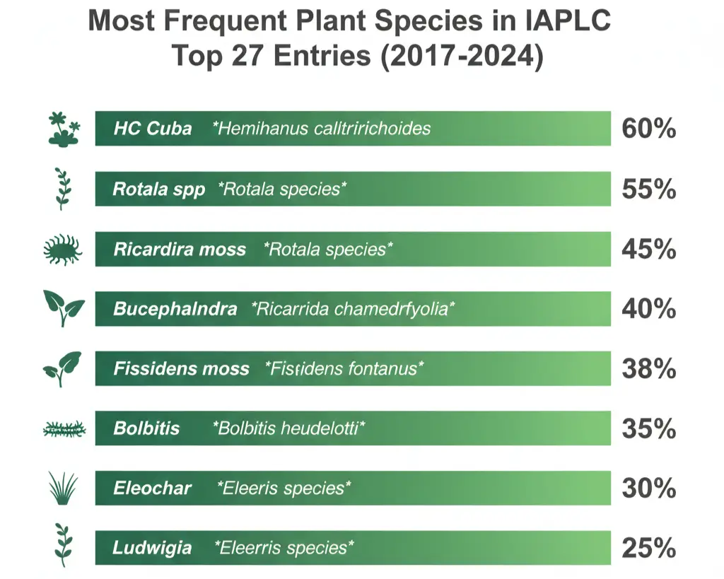 Bar chart showing most common plant species in IAPLC Top 27 aquascapes: HC Cuba 60%, Rotala 55%, Riccardia 45%, Bucephalandra 40%, all widely available species