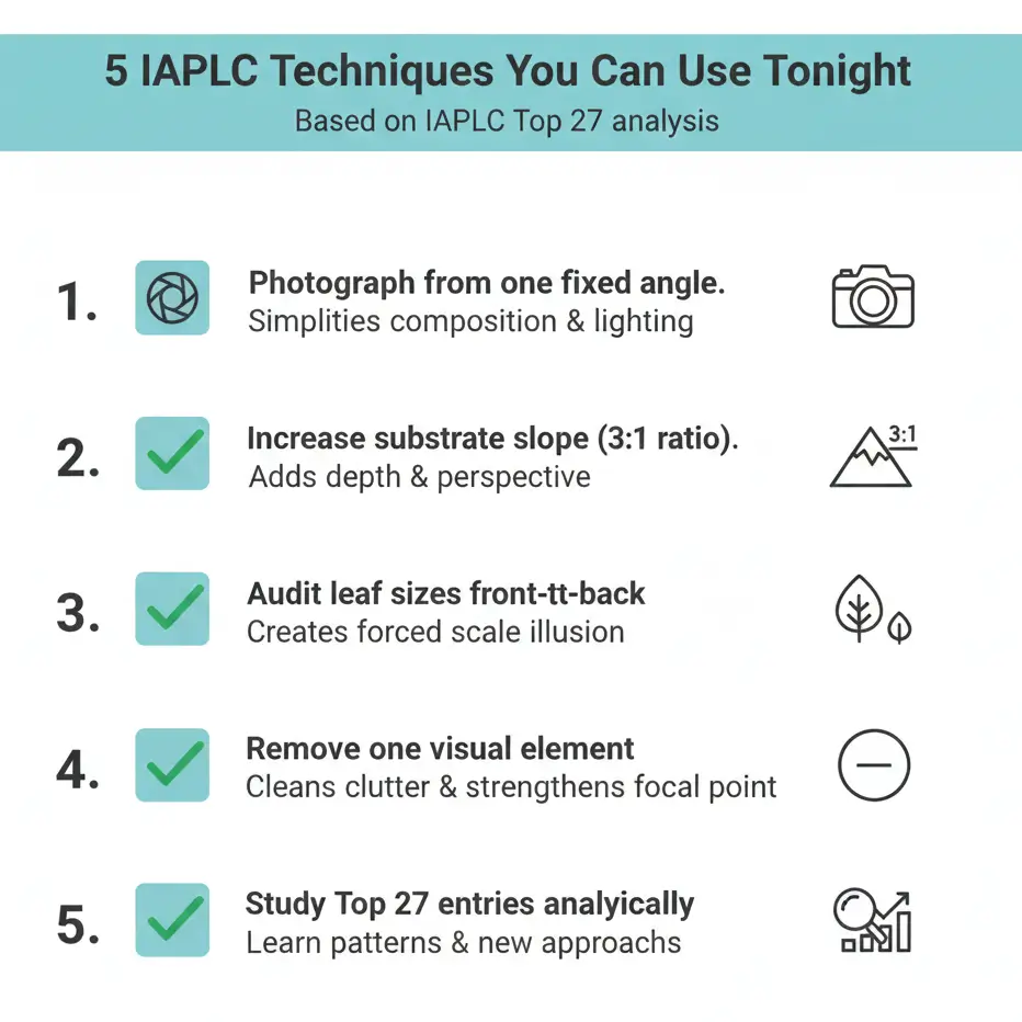 Checklist infographic of 5 IAPLC competition techniques for home aquascaping: fixed-angle photo, substrate slope, leaf size audit, simplify, study winners