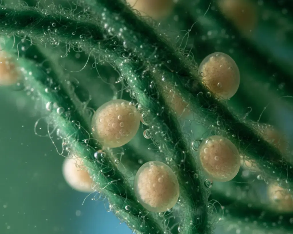Close up of fertilized Corydoras eggs attached to green acrylic yarn strands