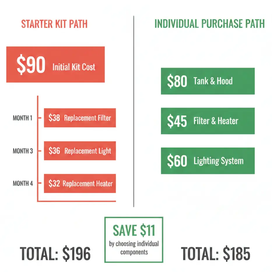 Cost comparison infographic showing aquarium starter kit path ($196 after replacements over 4 months) versus buying individual quality components ($185 upfront)