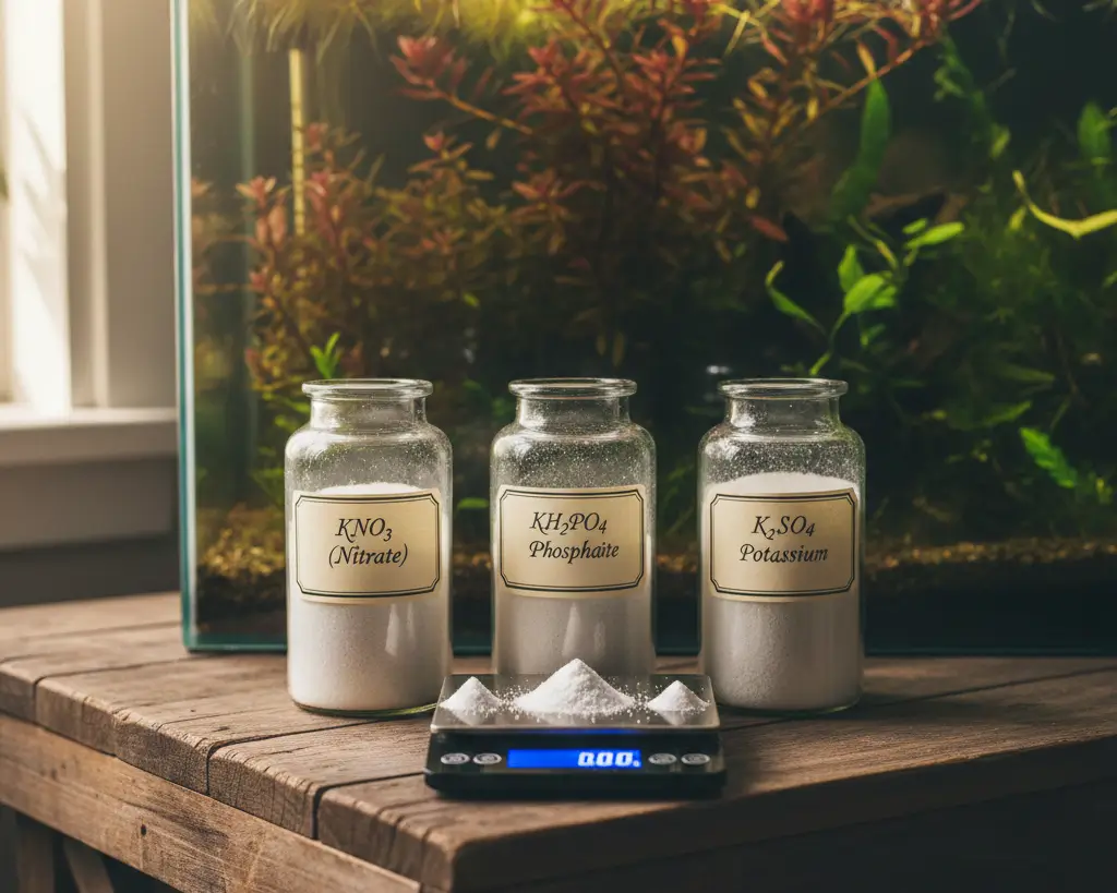 Dry fertilizer jars for NPK ratio EI dosing method showing potassium nitrate and phosphate salts.