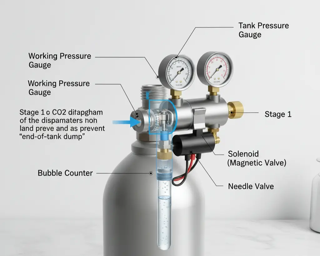 Dual stage CO2 regulator diagram showing solenoid, needle valve and pressure gauges
