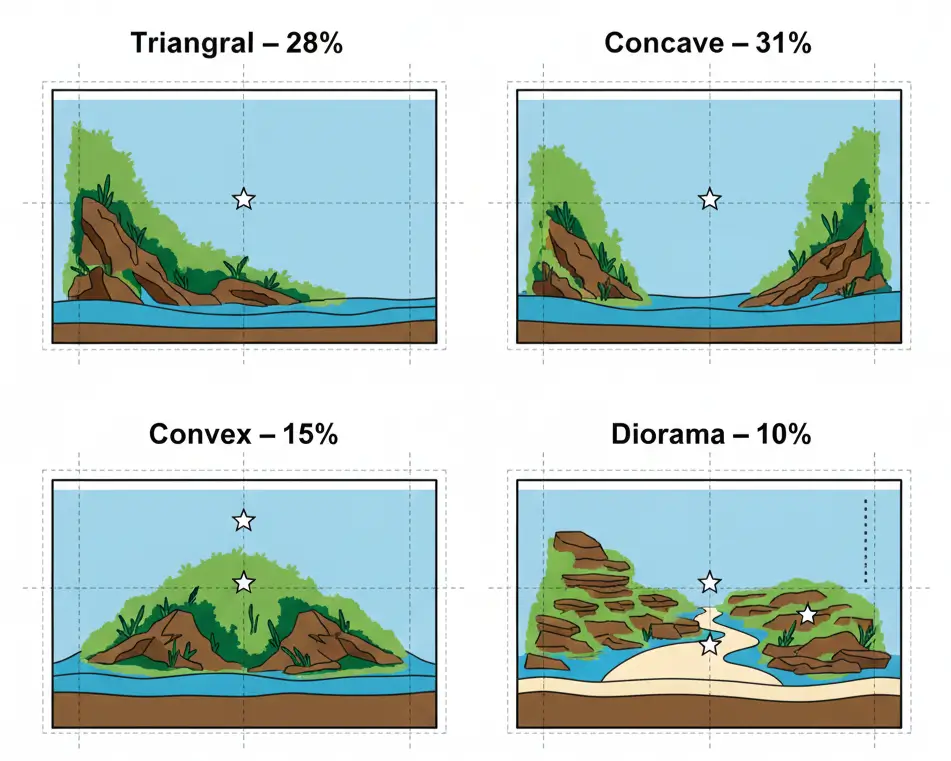 Four IAPLC aquascape composition types compared: triangular 22%, concave 31%, convex 12%, and diorama 28% frequency in Top 7 winners with focal point placement