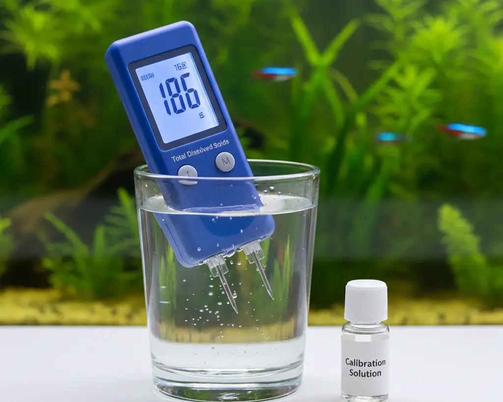 Handheld TDS meter testing aquarium water reading 186 ppm with calibration fluid