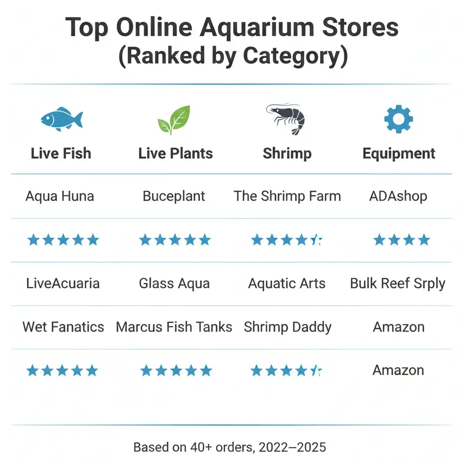 Infographic comparing best online aquarium stores by category — live fish, live plants, shrimp, and equipment — ranked from 40+ orders 2022–2025