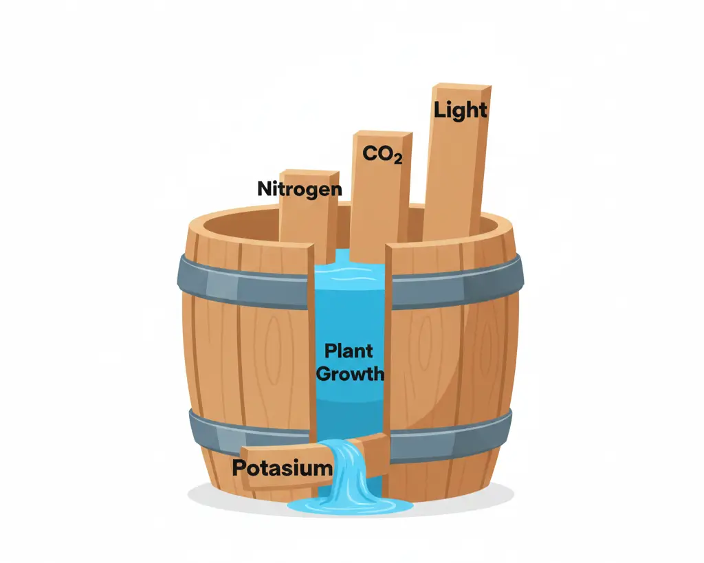 Liebig's Law of the Minimum barrel diagram showing nutrient deficiency limiting aquarium plant growth.