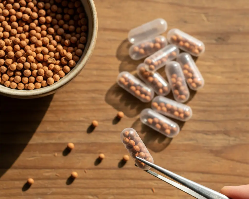 Materials for DIY root tabs including Osmocote Plus prills, empty size 00 gelatin capsules, and tweezers.