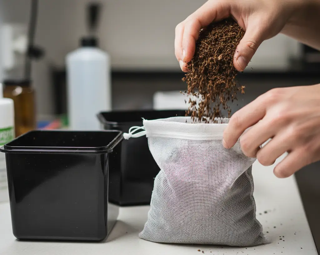Putting aquarium safe peat moss into a mesh media bag for canister filter pH reduction.