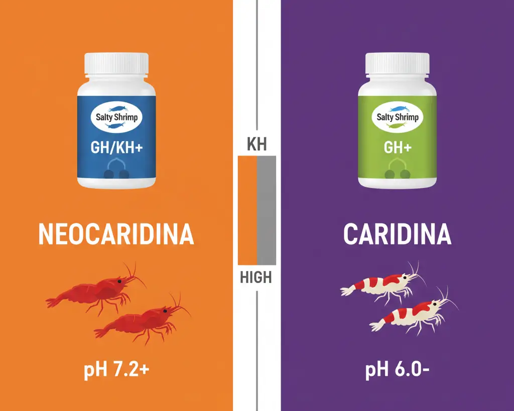 Salty Shrimp GH/KH+ vs Bee Shrimp Mineral GH+ comparison chart showing pH and species requirements.