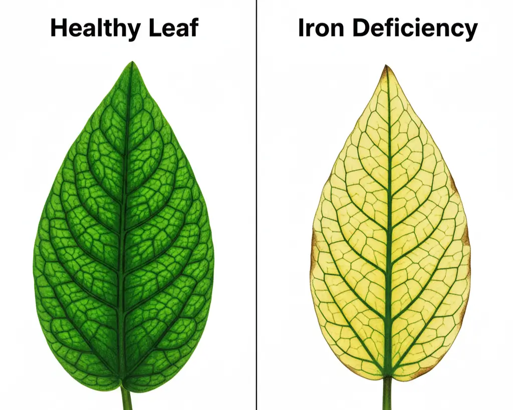 Side by side comparison of healthy aquarium leaf vs iron deficiency showing interveinal chlorosis and yellow new growth
