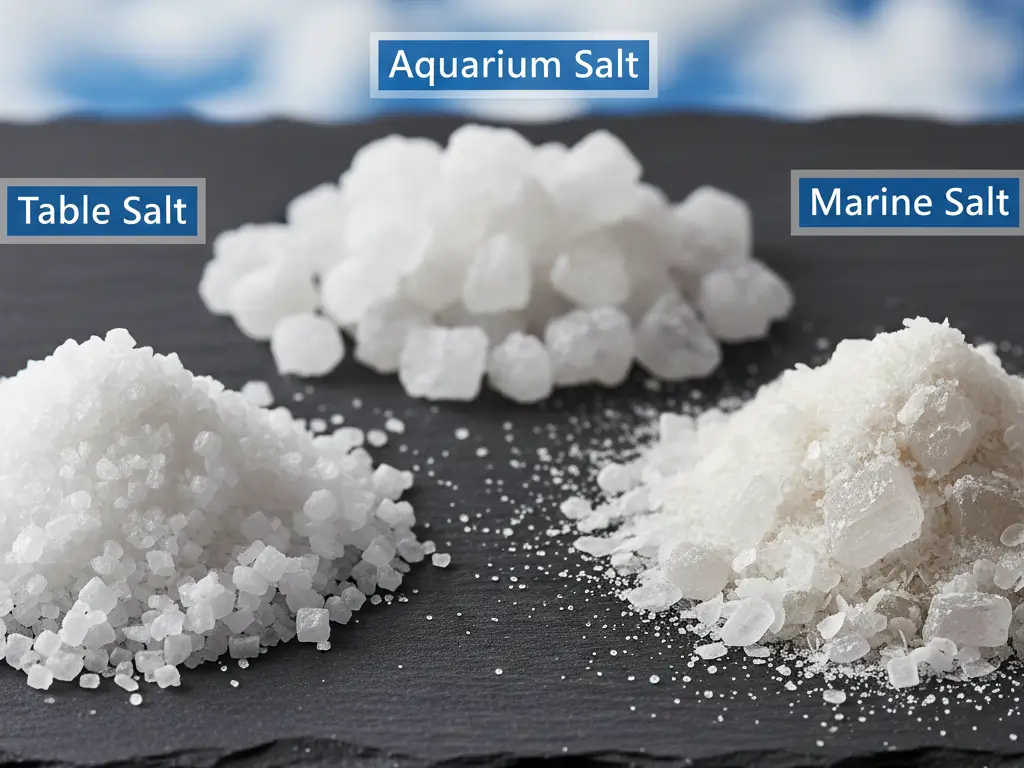 Table salt vs aquarium salt crystal size comparison showing coarse texture of therapeutic salt