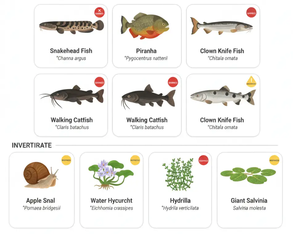Infographic showing 8 commonly kept aquarium species found on federal or state ban lists including snakehead, piranha, apple snail, hydrilla, and water hyacinth